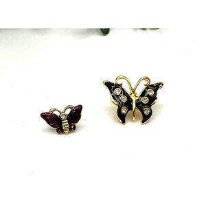 Vintage Gold and Black Butterfly Brooch and Lapel Pins Set Crystal Accents